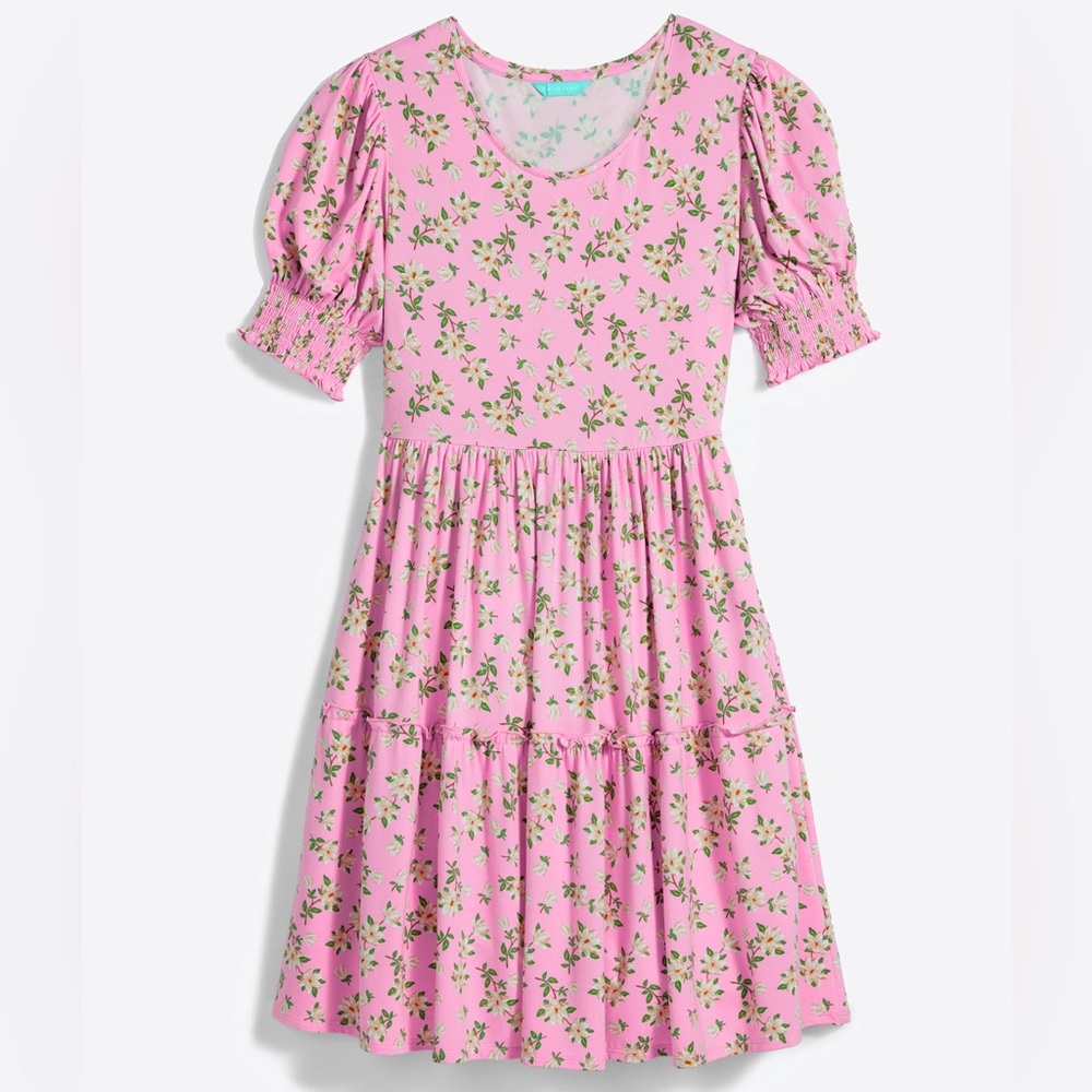 Draper James Pink Floral Tiered Puff-Sleeve Dress